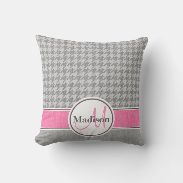 Monogrammed Grått Rosa Houndstooth Mönster Kudde (Framsida)