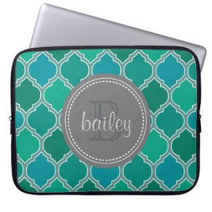 Monogrammed Grått Teal Modern Lattice Mönster Laptop Fodral