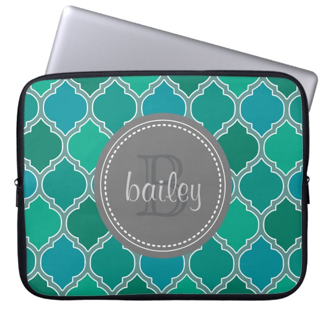 Monogrammed Grått Teal Modern Lattice Mönster Laptop Fodral (Framsidan)
