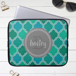 Monogrammed Grått Teal Modern Lattice Mönster Laptop Fodral