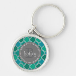 Monogrammed Grått Teal Modern Lattice Mönster Rund Silverfärgad Nyckelring