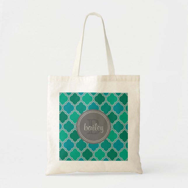 Monogrammed Grått Teal Modern Lattice Mönster Tygkasse (Framsidan)