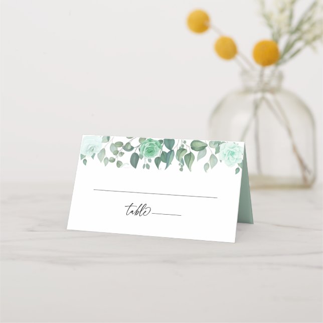 Monogrammed Greenery Flowers Bröllop Placeringskort (Framsida)