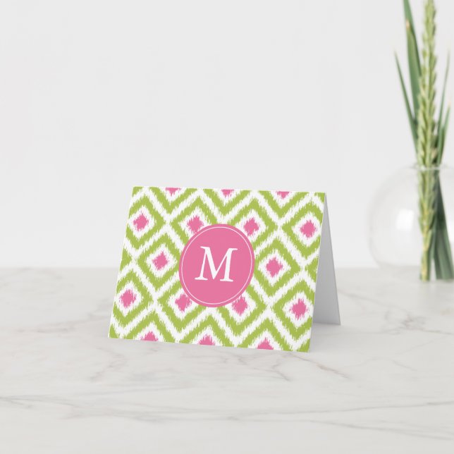 Monogrammed grönt rosa diamantIkat mönster Anteckningskort (Framsida)