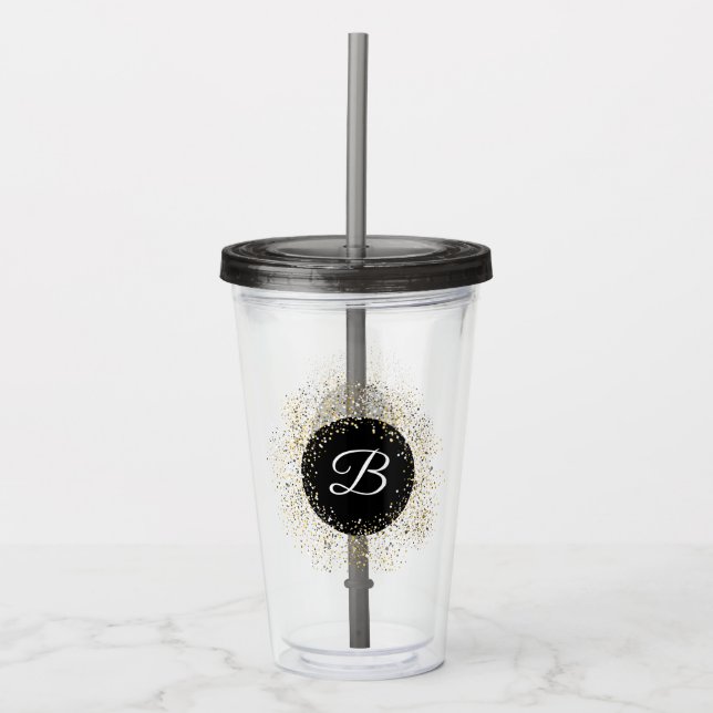 Monogrammed guld- glitterakrylTumbler Take Away Mugg (Framsida)