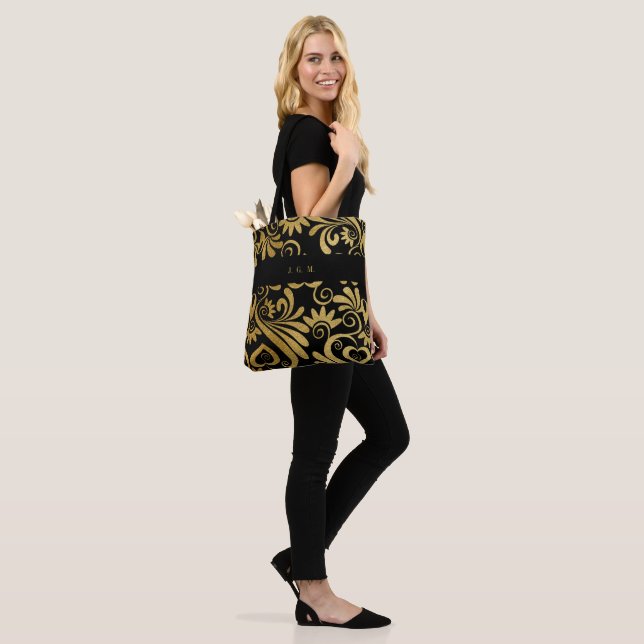 Monogrammed Guld och Black Elegant Swirls Tygkasse (På modell)