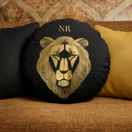 Monogrammed Guld och Black Lejon Modern Chic Class Rund Kudde