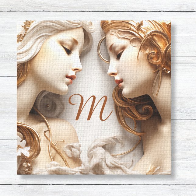 Monogrammed guld och Elfenbenskusten Änglar Canvastryck (Gold and Ivory Faux 3D Angels Canvas Wall Art with Custom Monogram - Bedroom Art Divine Protection)