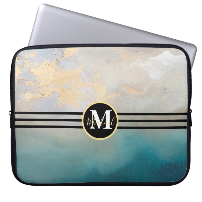 Monogrammed Guld och turkos Watercolor Laptop Fodral (Framsidan)