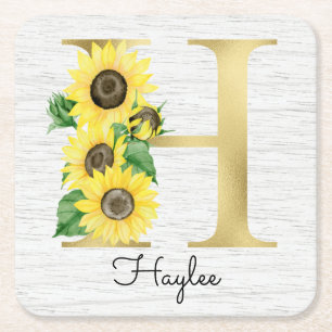 Monogrammed Guld Solblommor Initial H Underlägg Papper Kvadrat