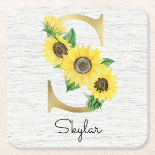 Monogrammed Guld Solros Blommigt Initial S Underlägg Papper Kvadrat