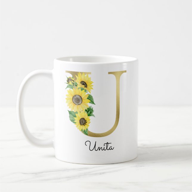 Monogrammed Guld Solros Blommigt Initial U Kaffemugg (Vänster)