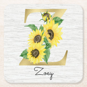 Monogrammed Guld Solros Blommigt Inledande Z Underlägg Papper Kvadrat