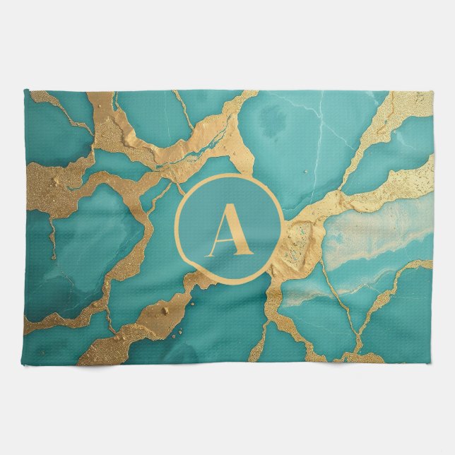 Monogrammed Guld & Teal Luxe Marble Kökshandduk (Horisontell)