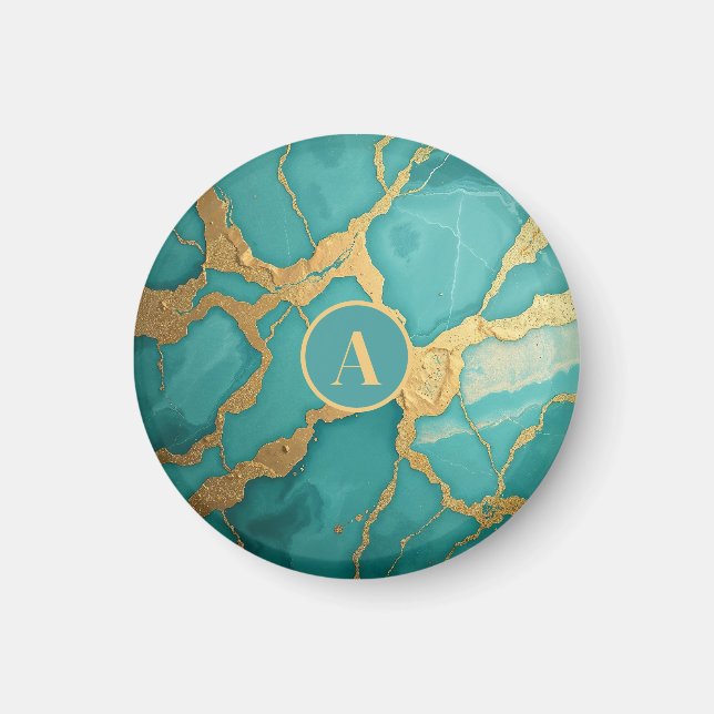 Monogrammed Guld & Teal Luxe Marble Magnet (Framsidan)