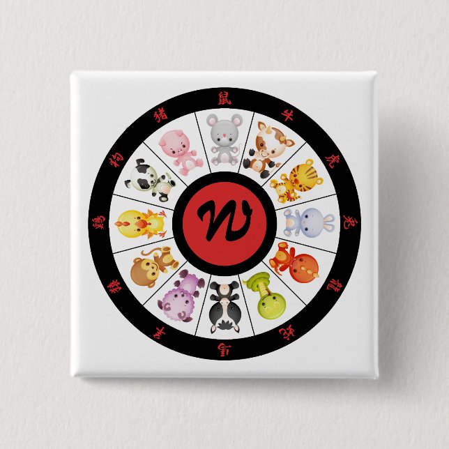 Monogrammed gullig kinesisk Zodiac cirklar Knapp (Framsida)
