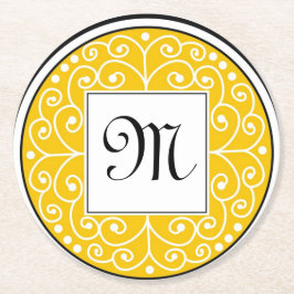 Monogrammed gultsvartvit virvlar runt mönster underlägg papper rund