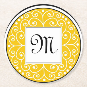 Monogrammed gultsvartvit virvlar runt mönster underlägg papper rund