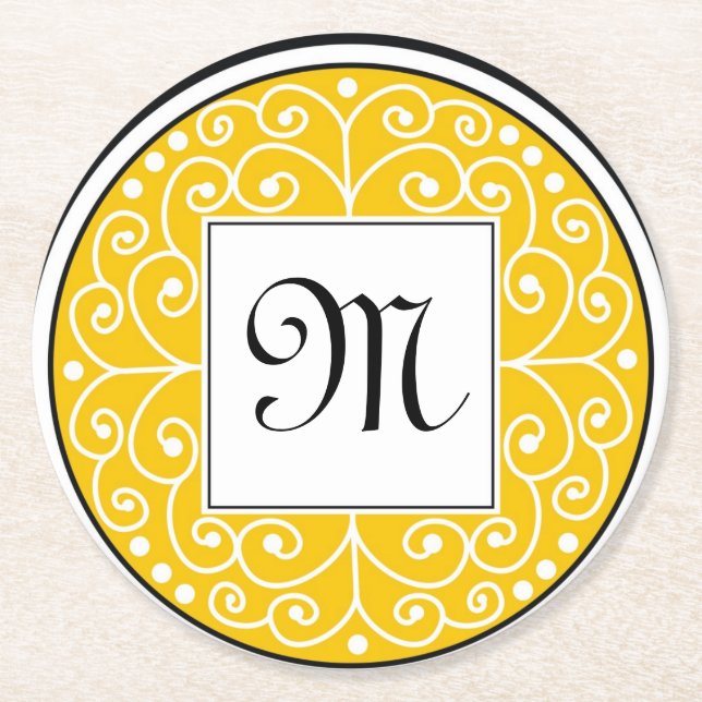 Monogrammed gultsvartvit virvlar runt mönster underlägg papper rund (Framsidan)