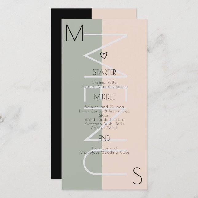 Monogrammed Heart Bröllop Sage Rosa Menu (Fram/baksida)