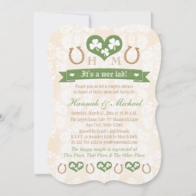 Monogrammed Horseshoe Shamrock Par Baby Shower Inbjudningar (Framsida)