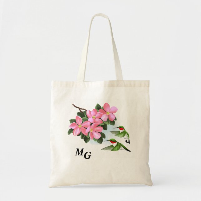 Monogrammed Hummingbird and Flower Tote Bag Tygkasse (Framsidan)