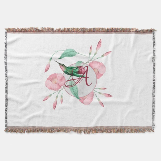 Monogrammed Hummingbird Rosa Mint Blommigt DECOR Filt (Framsidan)