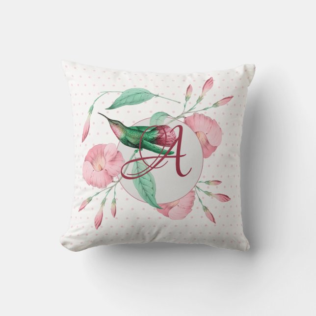 Monogrammed Hummingbird Rosa Mint Blommigt DECOR Kudde (Framsida)