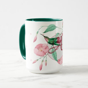 Monogrammed Hummingbird Rosa Mint Blommigt DECOR Mugg