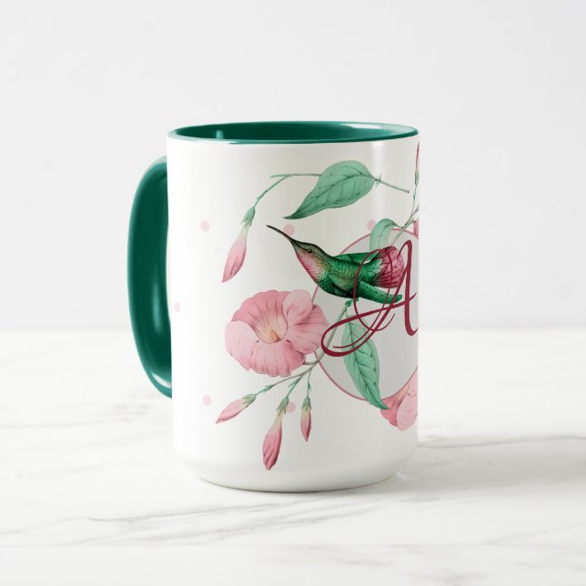 Monogrammed Hummingbird Rosa Mint Blommigt DECOR Mugg (Framsida vänster)