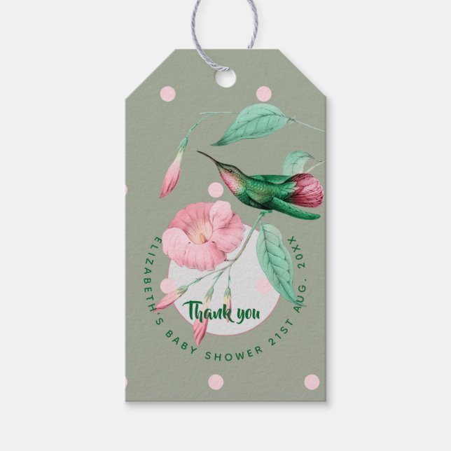 Monogrammed Hummingbird Rosa Mint Blommigt Gift-Mä Presentetikett (Framsidan)