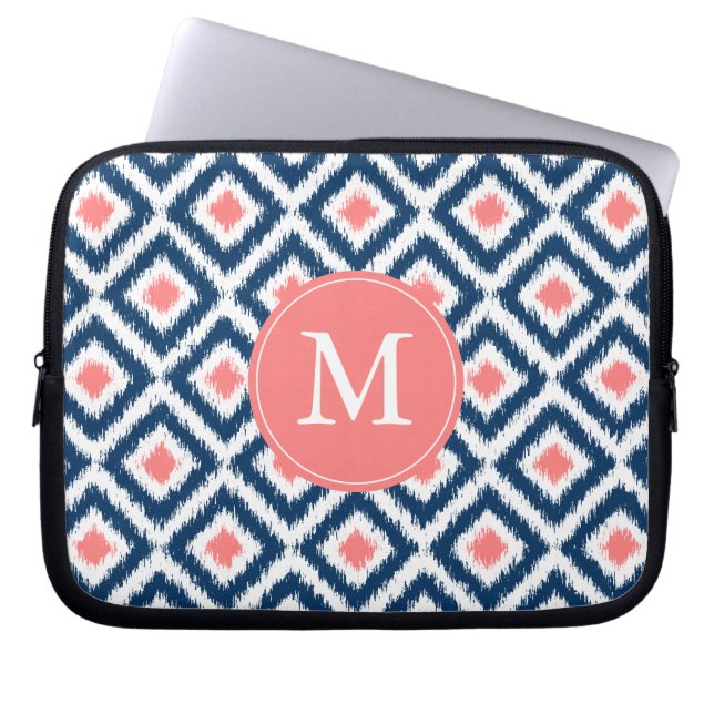 Monogrammed Ikat för blåttkoralldiamant mönster Laptop Fodral (Framsidan)