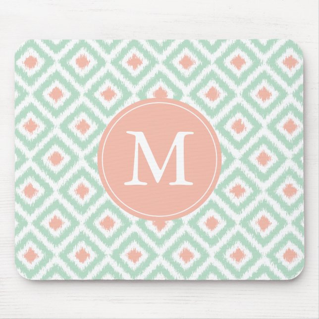 Monogrammed Ikat för korallMintdiamanter mönster Musmatta (Framsidan)