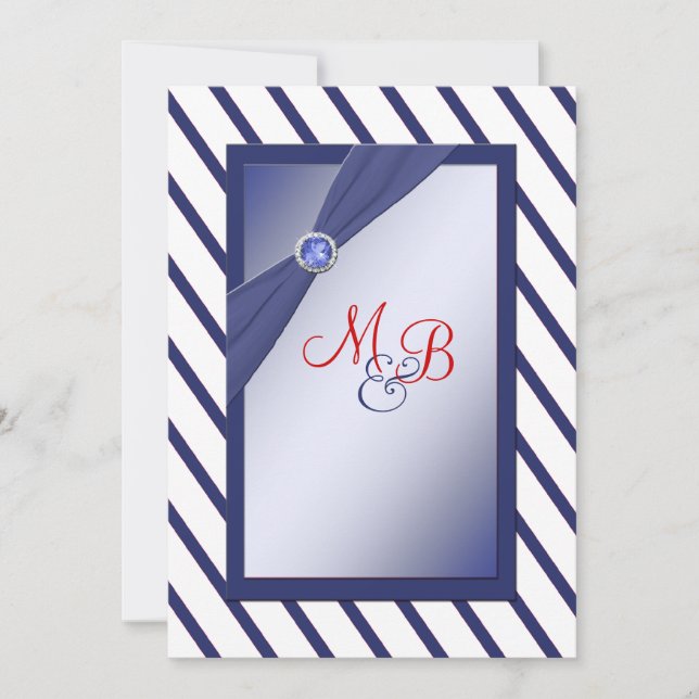 Monogrammed-inbjudan till marinen och vita Rand Inbjudningar (Framsida)