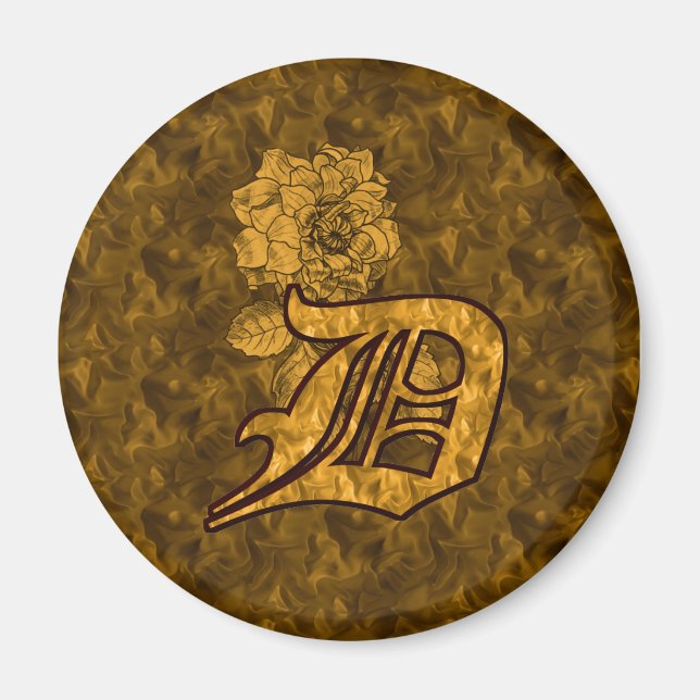 Monogrammed Initial D Guld Peony Magnet (Framsidan)