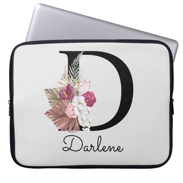 Monogrammed Initial D Modern Rosa Boho-Blommigten Laptop Fodral (Framsidan)