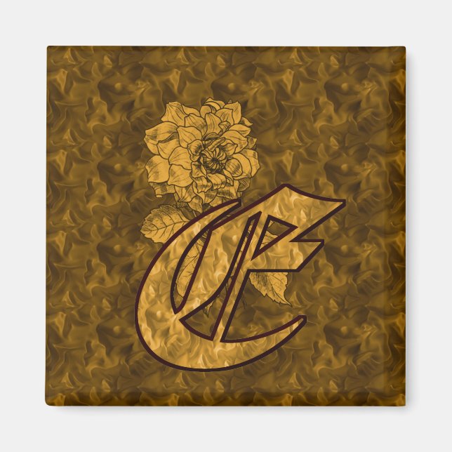 Monogrammed Initial E Guld Peony Magnet (Framsidan)