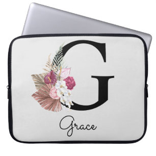 Monogrammed Initial G Monogram Rosa Boho Blommigt Laptop Fodral
