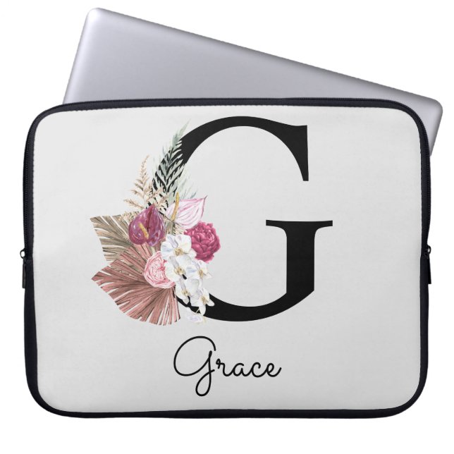 Monogrammed Initial G Monogram Rosa Boho Blommigt Laptop Fodral (Framsidan)
