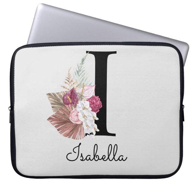 Monogrammed Initial I Rosa Boho Blommigt Laptop Fodral (Framsidan)