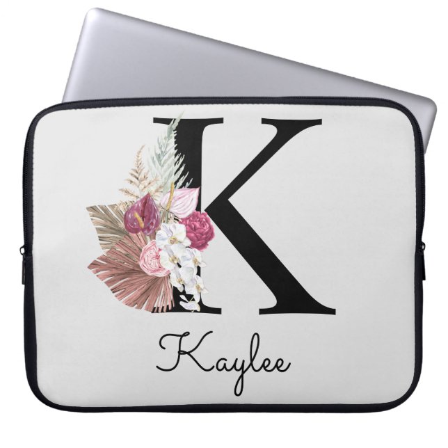 Monogrammed Initial K Rosa Boho Blommigt Laptop Fodral (Framsidan)