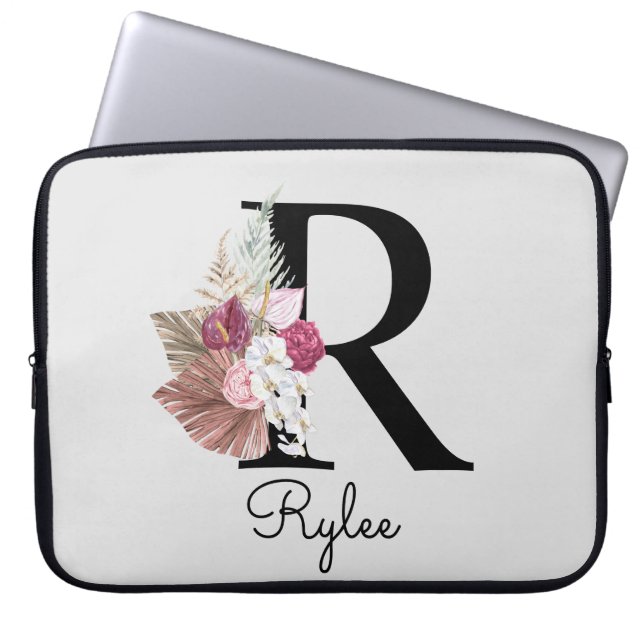 Monogrammed Initial R Rosa Boho Girly Blommigt Laptop Fodral (Framsidan)
