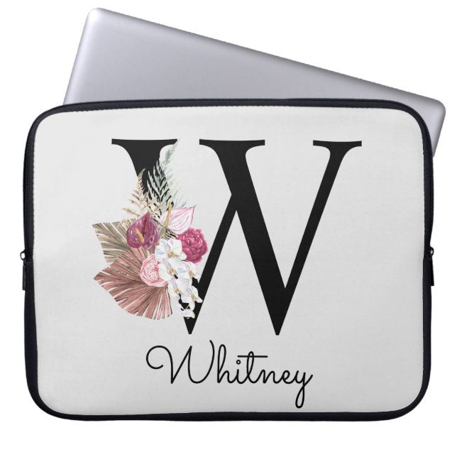 Monogrammed initial W Rosa Boho Girly Blommigt Laptop Fodral (Framsidan)