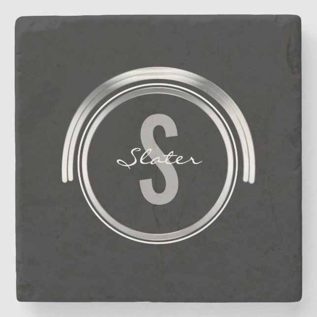 Monogrammed initialt enkelt svart silver för namn underlägg sten (Framsidan)