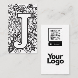 Monogrammed J Black and White Blommigt QR Code Log Visitkort