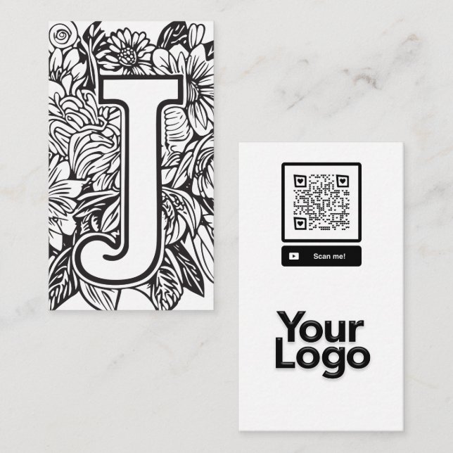 Monogrammed J Black and White Blommigt QR Code Log Visitkort (Fram/baksida)