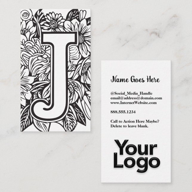 Monogrammed J Blommigt Black and White Company Log Visitkort (Fram/baksida)