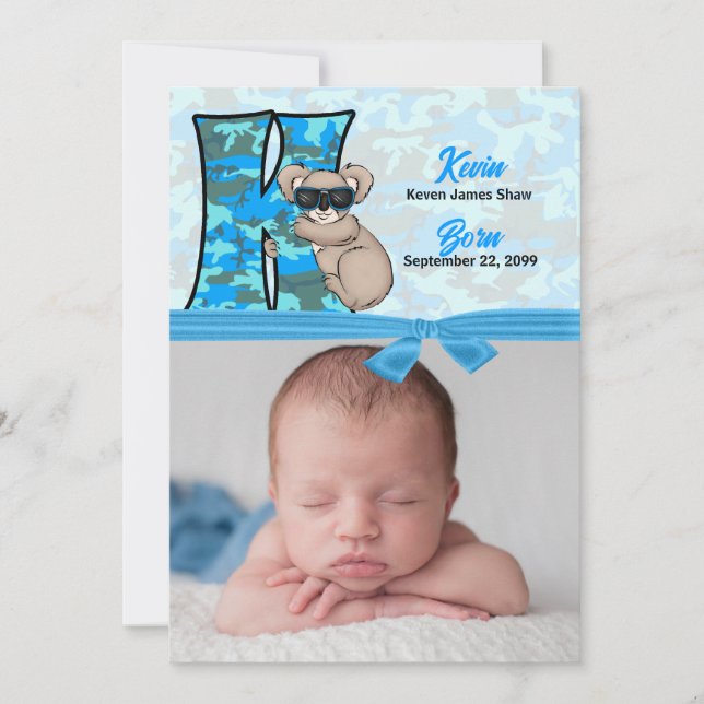 Monogrammed K Blue Koala Photo Birth Meddelande (Framsida)