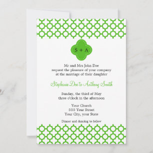Monogrammed Kelly Grönt Quatrefoil Mönster Bröllop Inbjudningar