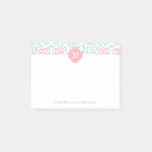 Monogrammed korall- och Mintblommigtdamast Post-it Block